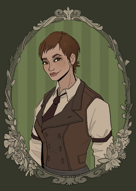 A framed oval shape portrait with a background in two tones of striped green. There is a woman in the portrait with short brown hair and brown eyes., She has freckles near her right eye. She is turned away a quarter from the viewer. She is wearing a shirt, a tie, and a waistcoat. 