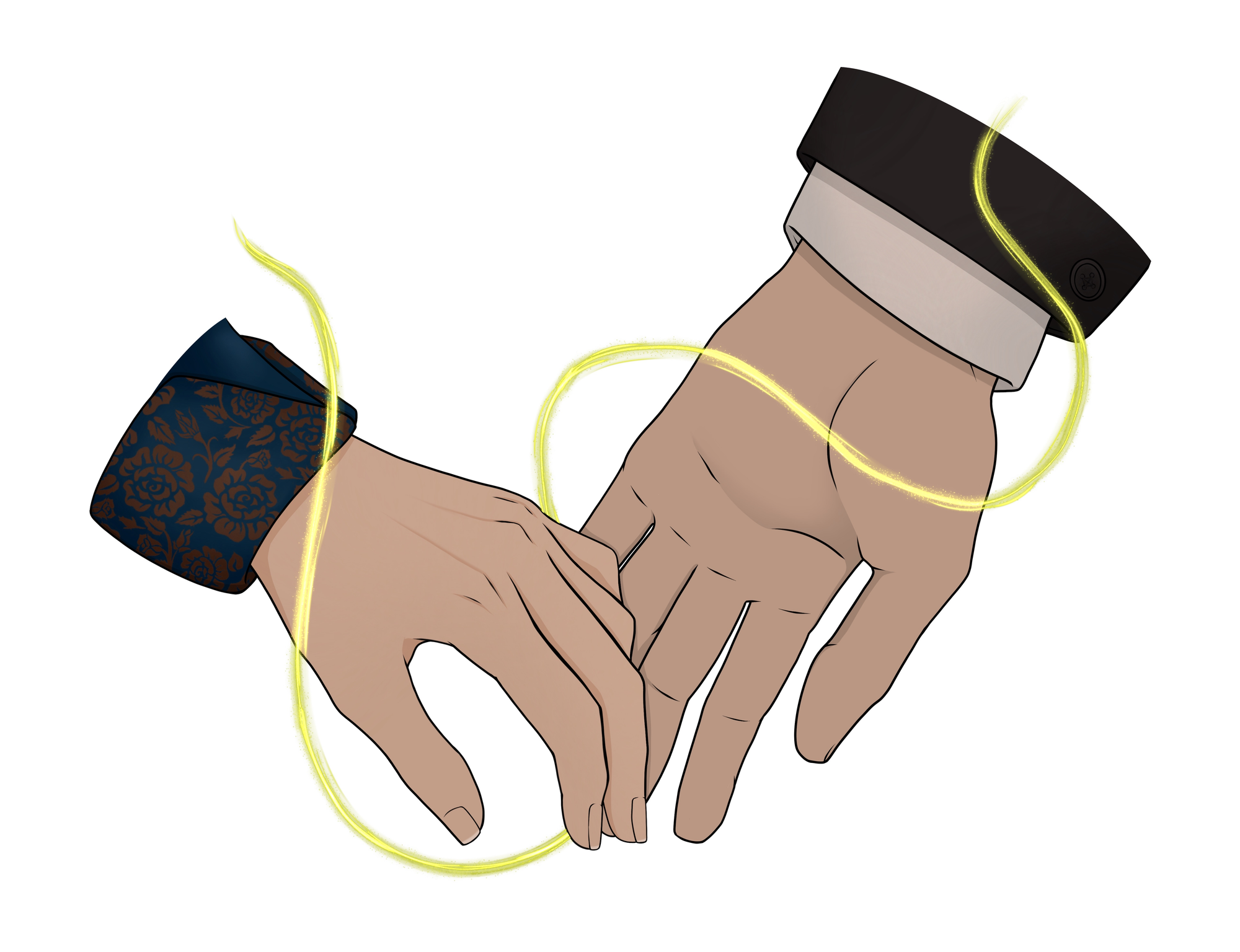 Two hands, one man and one women's reaching toward one another, fingers brushing, with a gold glowing strand entwining around them