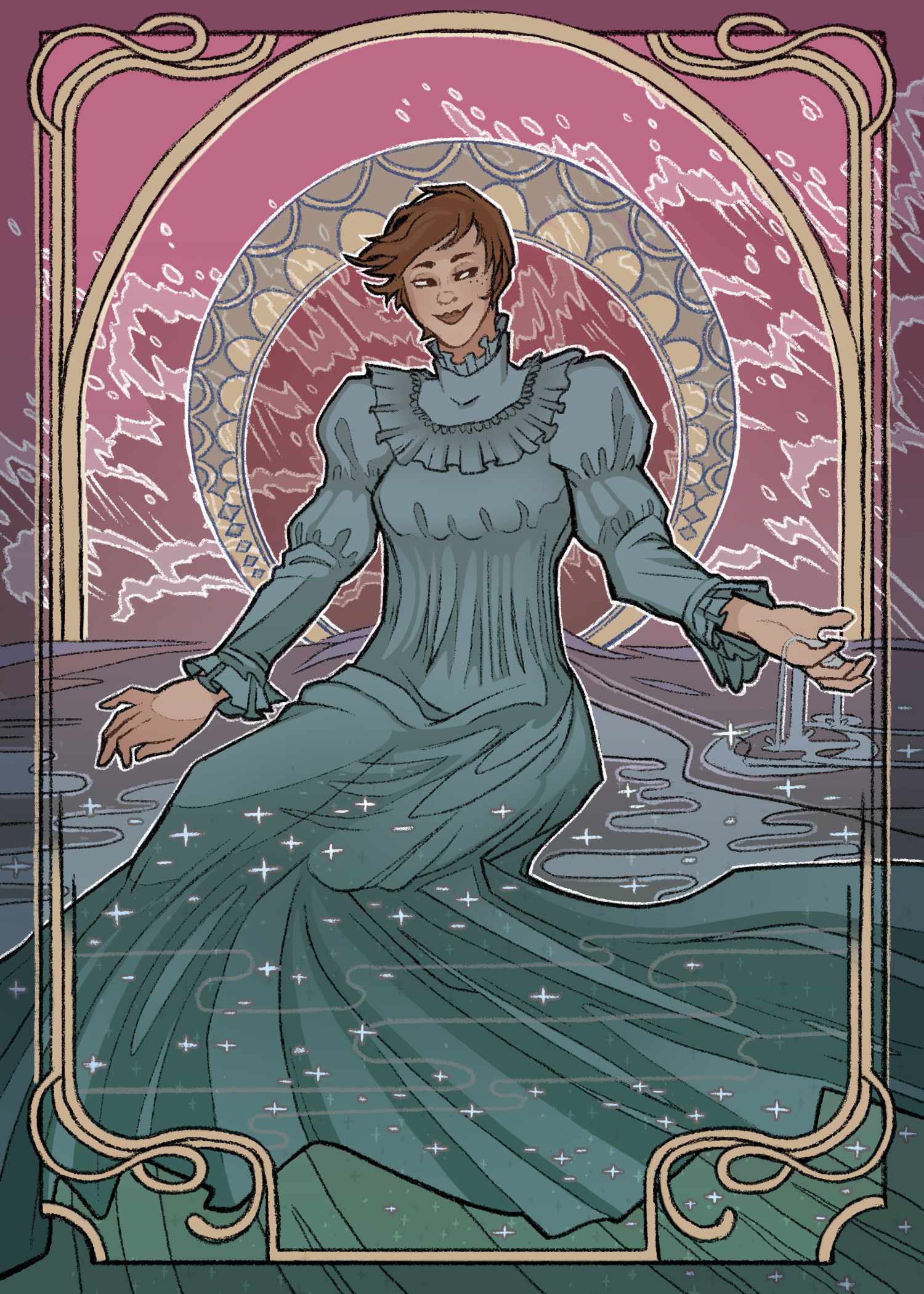 A framed photo with gilt scroll edges of a woman sitting in water. Waves cover her, with stars reflecting on them. She's wearing an old-fashioned frilly nightgown, and water is slipping through her fingers. The background is the rosy fingers of dawn, as Homer called them, and the foreground is a mix of blue and green