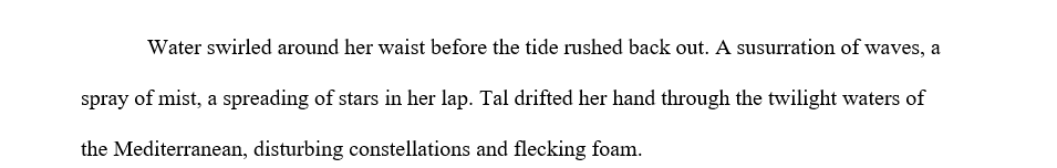 Water swirled around her waist before the tide rushed back out. A susurration of waves, a spray of mist, a spreading of stars in her lap. Tal drifted her hand through the twilight waters of the Mediterranean, disturbing constellations and flecking foam.