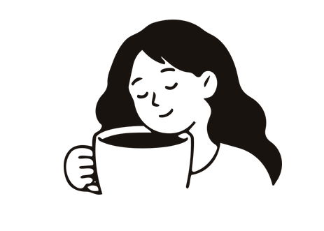 A black and white drawing of a woman enjoying a large cup of coffee
