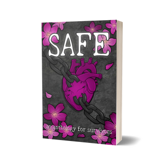 An image of a book, with a black cover, covered in purple flowers. In the center is an anatomically drawn heart, purple, with a chain going through it. Above it in glowing white is the title SAFE