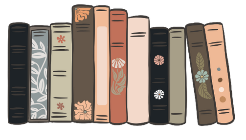 A cartoon image of a bookshelf, with books of spines facing out, in different sizes and shapes. All hardback