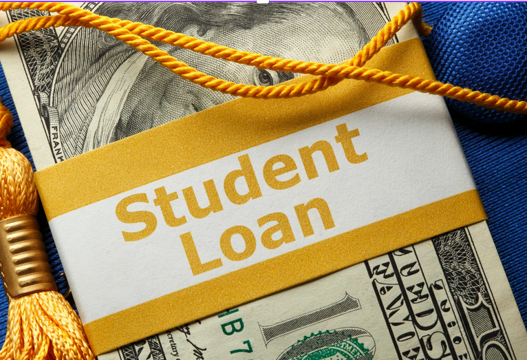 A stack of 100s wrapped up in a gold graduation tassel and a money band that says student loans 