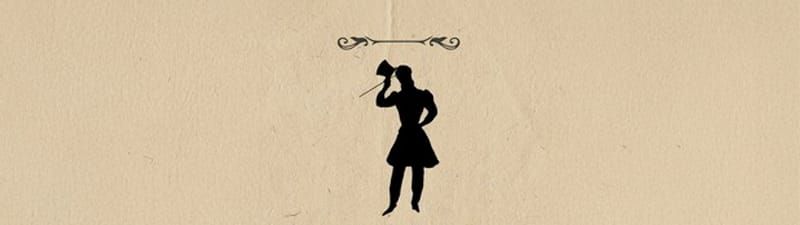A black silhouette of a man wearing victorian clothing, carrying a cane and a top hat, sits on creme coloured paper.