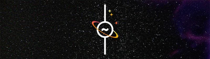 A starfield background with a purple nebula. On top of this background is the EMF logo, which is a tilde symbol inside a circle with two poles coming from either end.