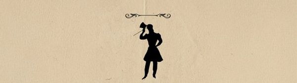 A black silhouette of a man wearing victorian clothing, carrying a cane and a top hat, sits on creme coloured paper.