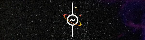 A starfield background with a purple nebula. On top of this background is the EMF logo, which is a tilde symbol inside a circle with two poles coming from either end.