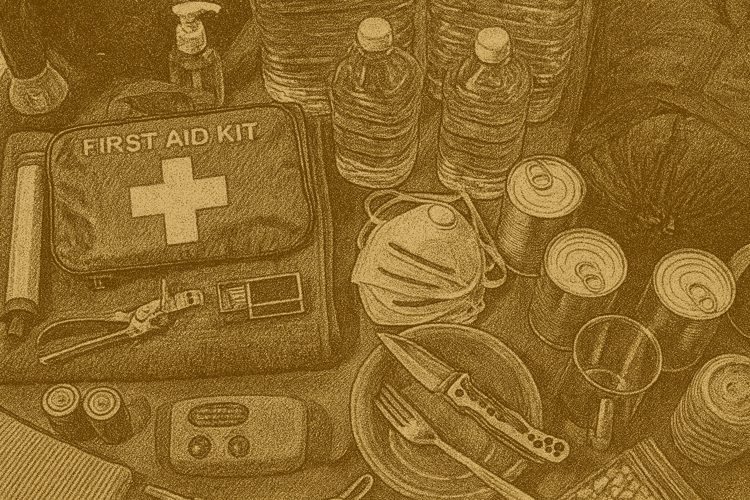 Open car trunk with water, coolant, first aid kit, portable jump starter, hat and sunscreen