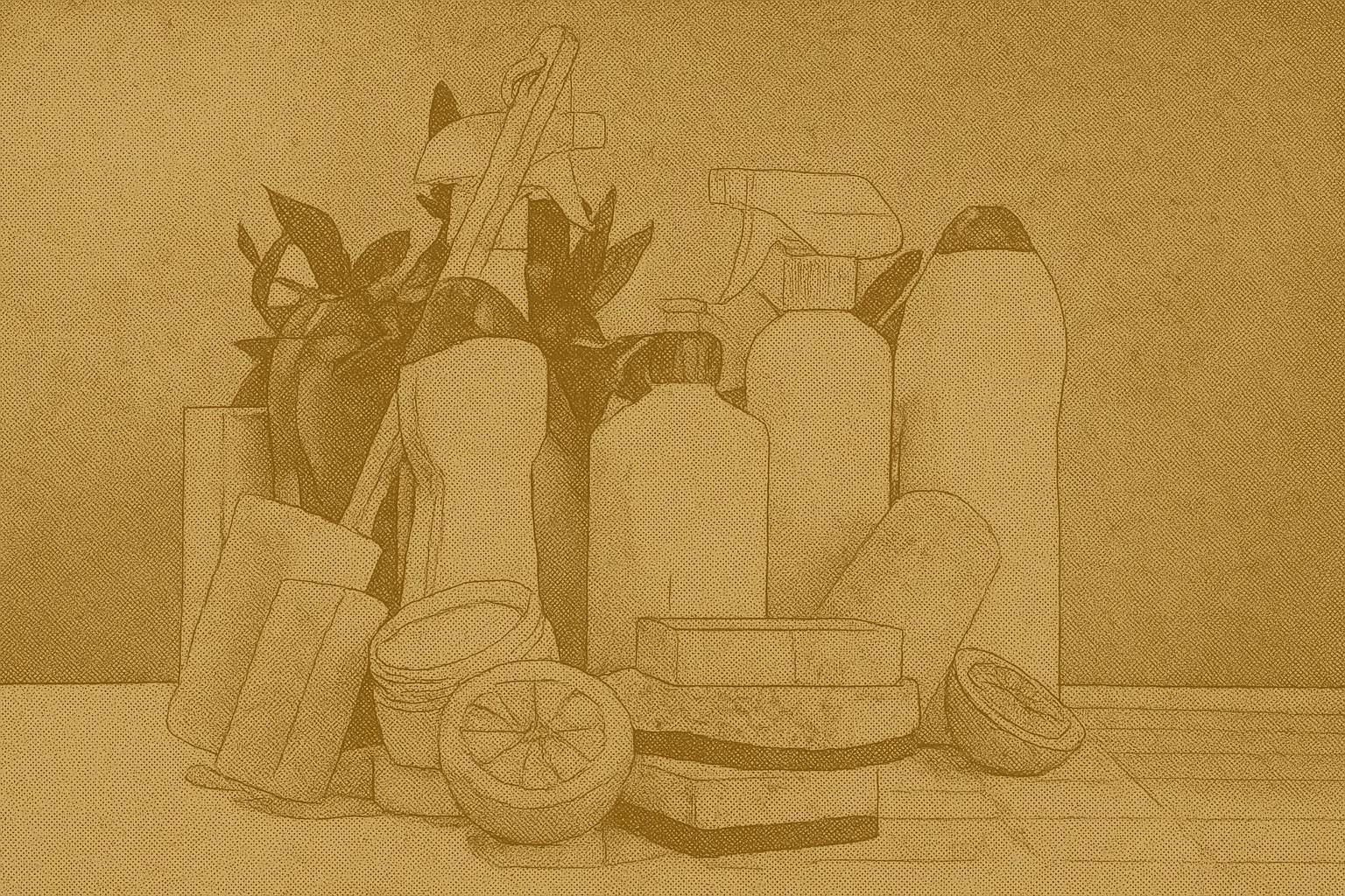 Assortment of eco-friendly cleaning supplies including reusable bottles, sponges, lemons, and natural soaps, representing sustainable and non-toxic cleaning products in Canada.