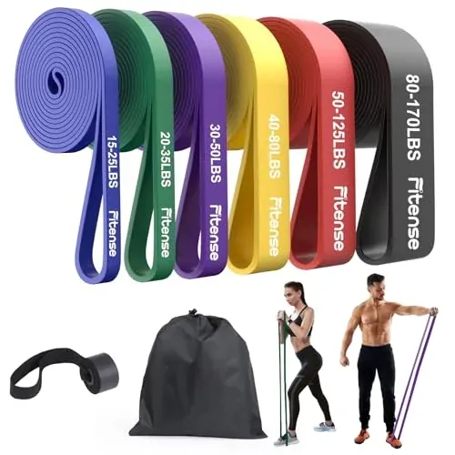Fitense resistance bands set of 6, color-coded for varied resistance levels from 15-170 lbs.