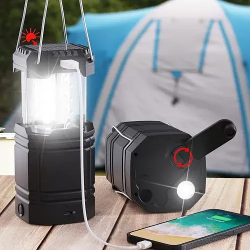 Portable camping lantern with three power options: solar, USB, hand-crank, and collapsible design for easy transport.