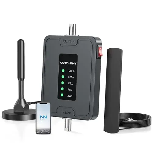Vehicle cell phone signal booster for cars, trucks, RVs, and SUVs with high gain antennas.