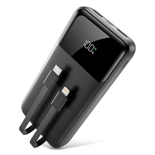 Power bank portable charger 40000mAh with built-in cables for iPhone and Android devices.