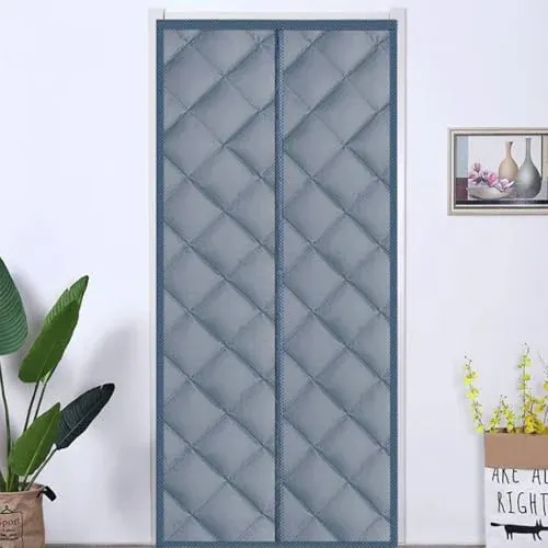 Grey magnetic thermal insulated door curtain, 35.43in x 82.67in, for energy savings and privacy.