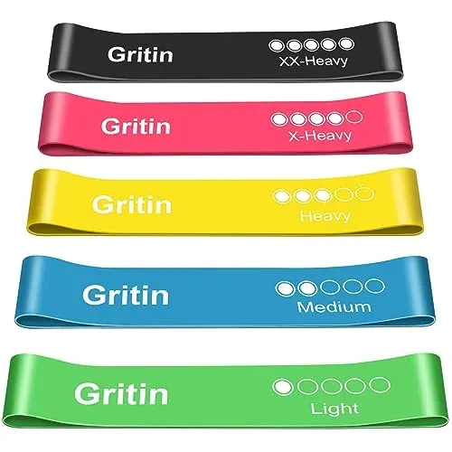 Gritin set of 5 skin-friendly resistance loop bands in various colors with travel case