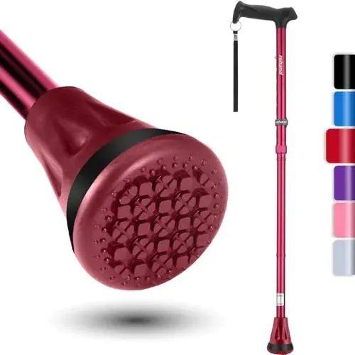 Rehand Passion Red foldable walking cane with pivot tip and ergonomic handle for stability