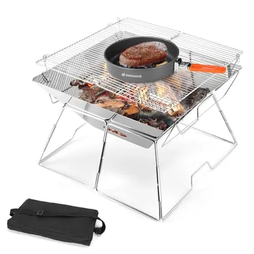 Odoland portable folding campfire grill made of premium stainless steel with a carrying bag for outdoor cooking.