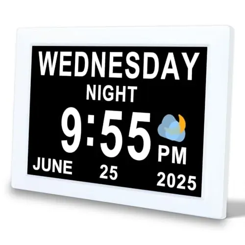 8-inch dementia clock for seniors with large display, 12 alarms, and auto-dimming feature