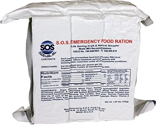 S.O.S. Rations Emergency 3600 Calorie Food Bar pack by SOS Food Labs, ideal for survival kits.