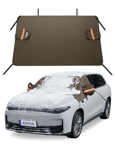 AstroAI windshield cover in brown, made from durable 600D Oxford fabric for ice and snow protection