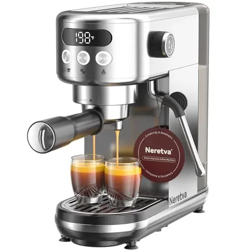 Neretva 20 Bar espresso machine in stainless steel with LED display and milk frother