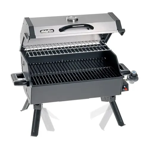 Martin portable propane gas grill with folding legs and porcelain cooking grate, 14000 BTU output