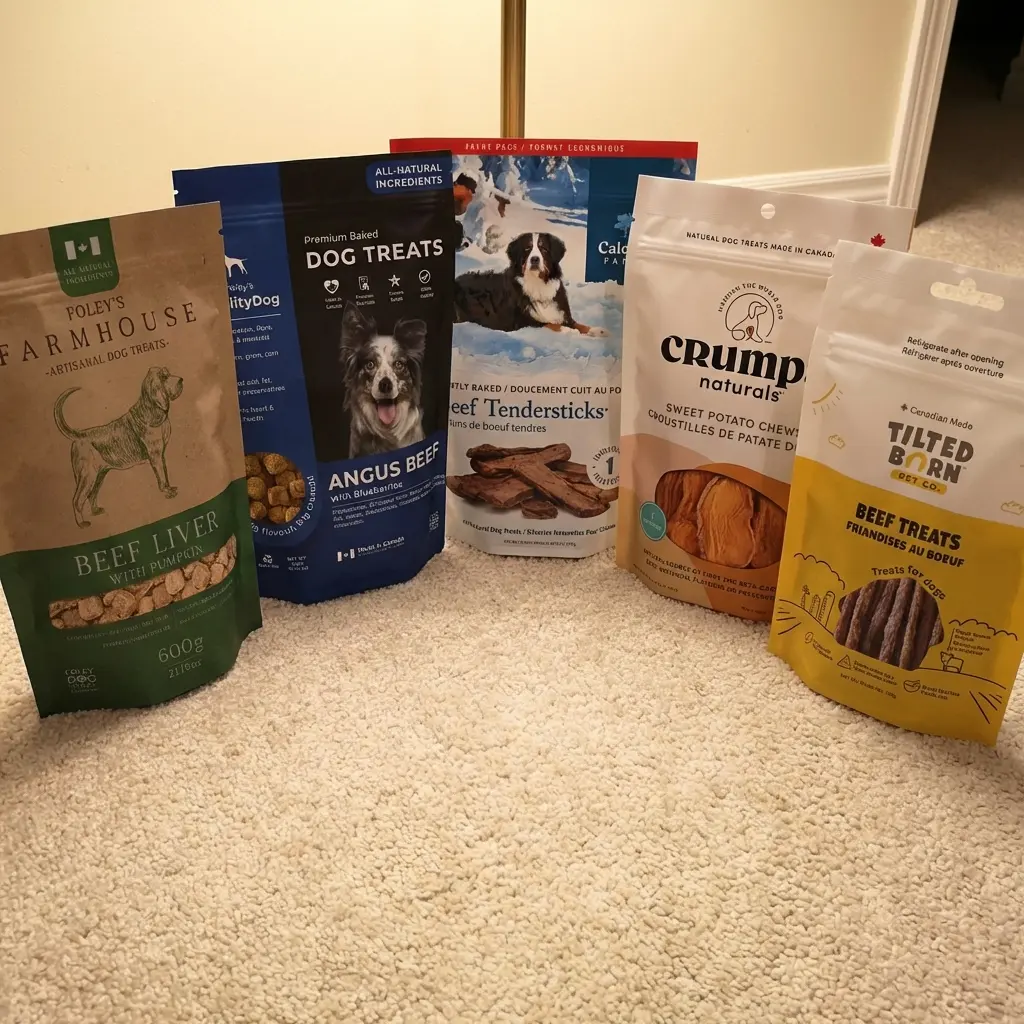 Real product comparison showing Foley's Farmhouse, VitalityDog, Caledon Farms, Crumps, and Tilted Barn dog treat packages
