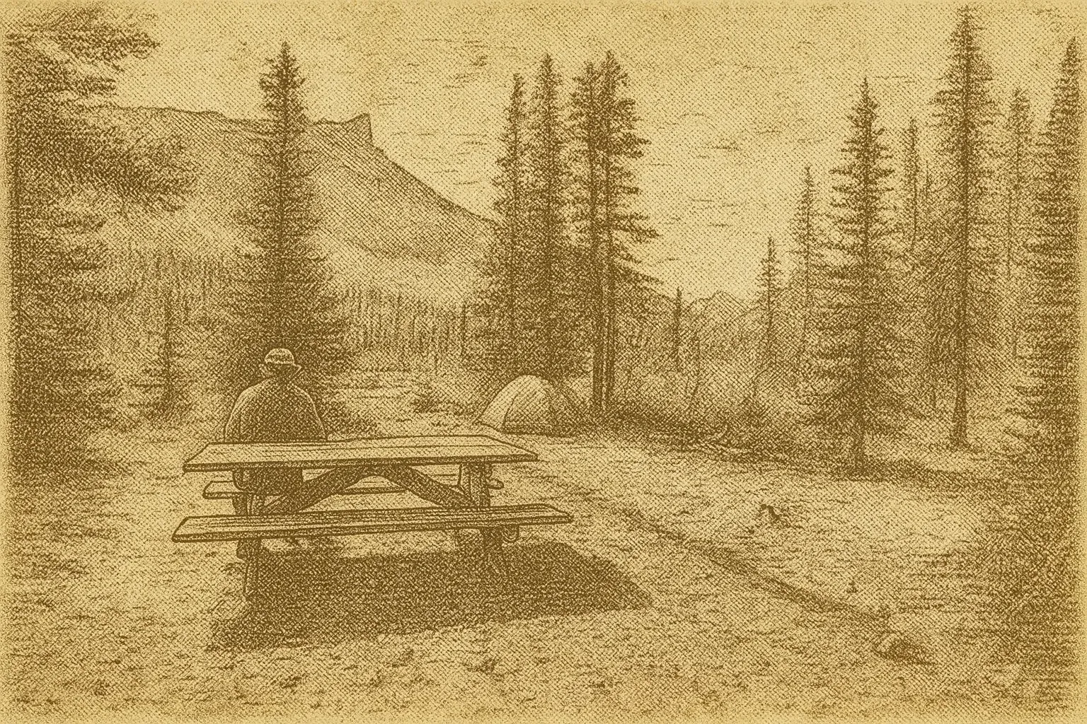 Camper at picnic table with a mountain view in the forest.