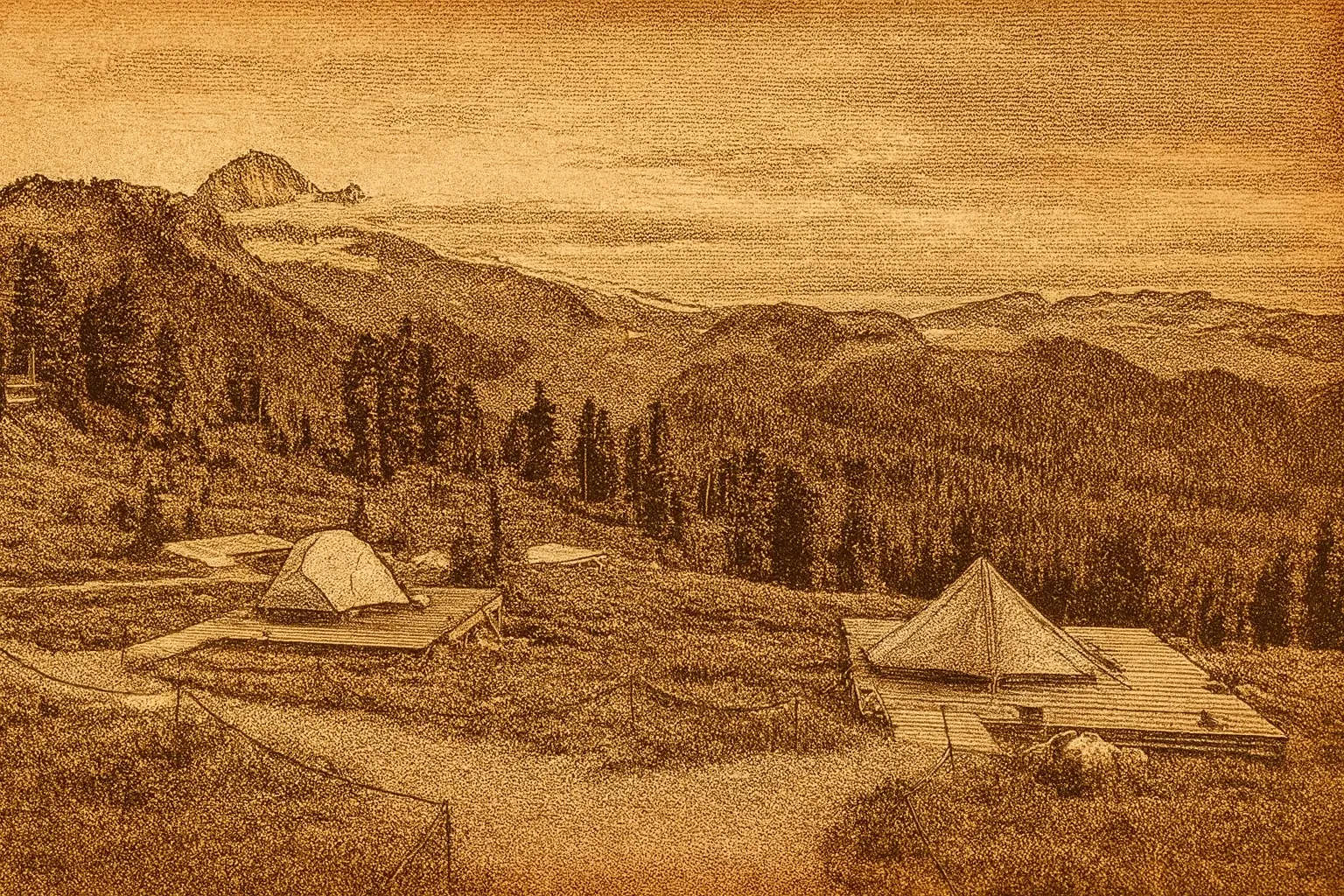 Etched image of a mountain campsite with tents on platforms.
