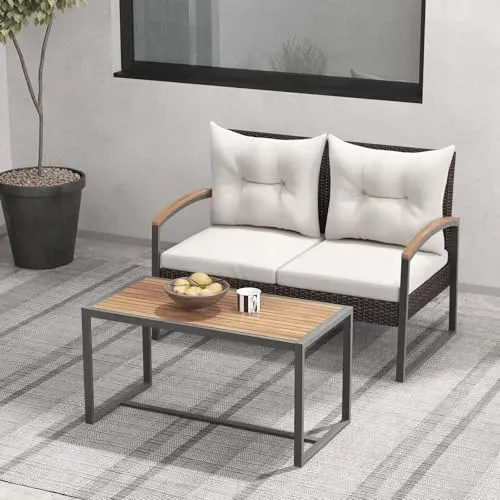 RELAX4LIFE 2-piece wicker patio furniture set with loveseat and acacia wood coffee table