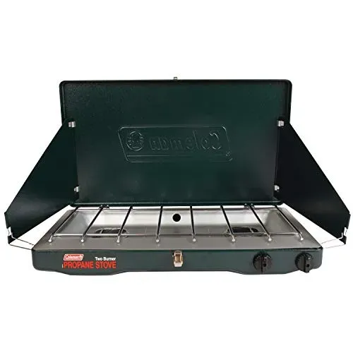 Coleman 2-Burner Gas Camping Stove, portable propane stove with adjustable burners and wind panels.