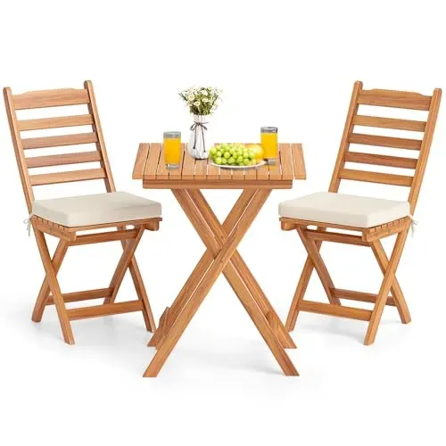 KOTEK 3-piece outdoor bistro set featuring acacia wood, soft cushions, and foldable design