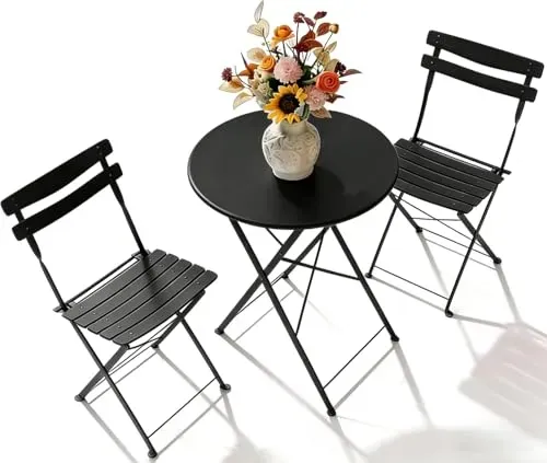 IDEALHOUSE 3-piece black patio bistro set with folding table and chairs for small spaces