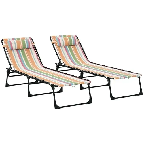 Outsunny 2-piece folding lounge chairs with 4 adjustable backrest positions for outdoor relaxation.