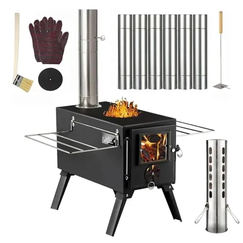 AVOFOREST portable wood stove with stainless steel chimney and glass window for outdoor use.