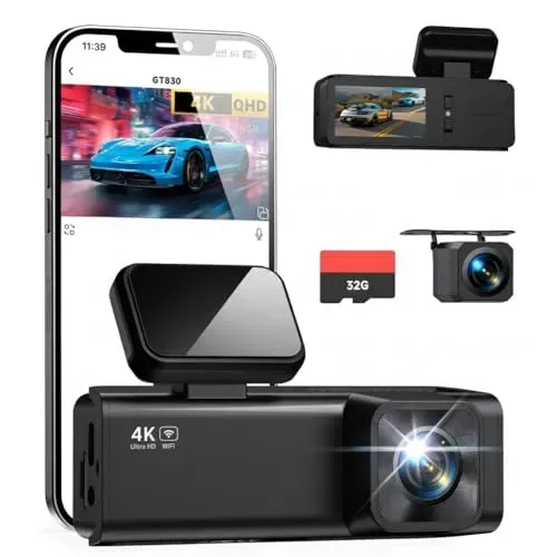 Dash Cam with 4K front and 1080P rear camera, G-Sensor, and night vision for cars