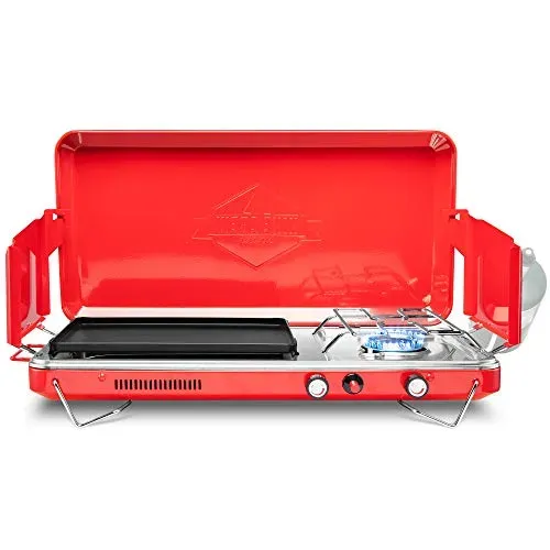 Hike Crew 2-in-1 portable gas camping stove and griddle with carrying handle and wind panels