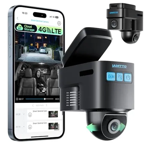 LAMTTO 4G LTE dual dash cam with front and inside view for vehicle security monitoring.