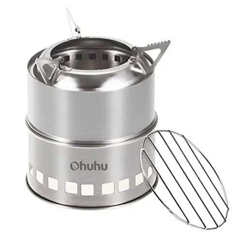 Ohuhu portable stainless steel camping stove for outdoor cooking and BBQs, includes grill grid and carry bag.