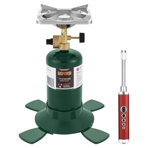 Portable propane stove with adjustable burner and USB lighter for camping use