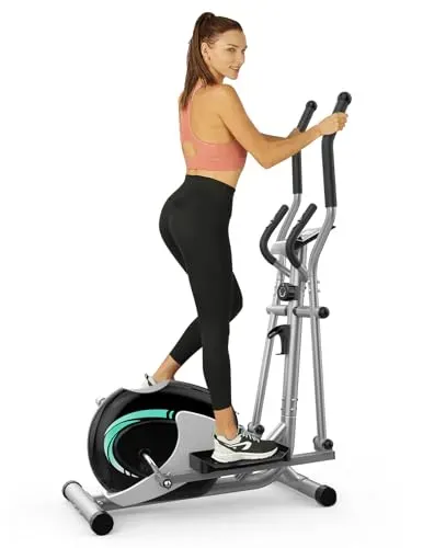 THERUN elliptical machine with dual handlebars, LCD monitor, and adjustable resistance levels for home workouts.