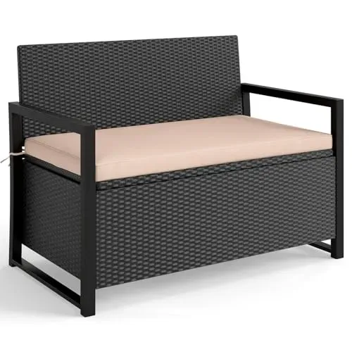 Tangkula 40-gallon outdoor storage bench with cushion and wicker design for patio seating.
