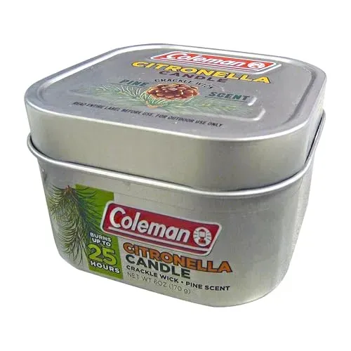 Coleman 6 oz scented citronella candle with wooden crackle wick for outdoor use