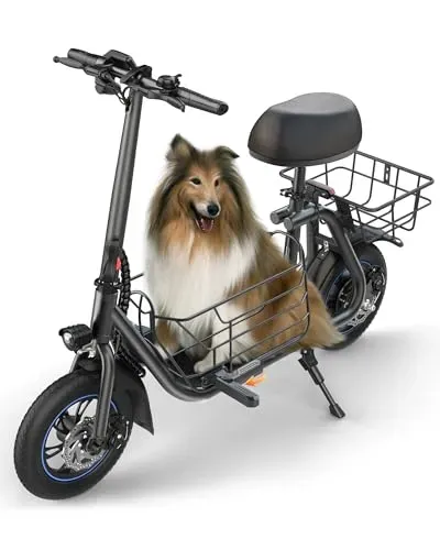 Gyroor electric scooter for adults with seat, 550W motor, and removable basket for pets.