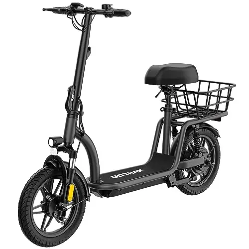 Gotrax Flex Ultra Electric Scooter with seat, 500W motor, and 14-inch pneumatic tires for adults.