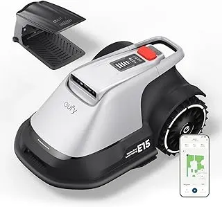 Eufy E15 Robot Lawn Mower operating in a garden, featuring advanced AI navigation.