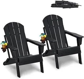 VEVOR set of 2 black Adirondack chairs with cup holders, portable and weather-resistant