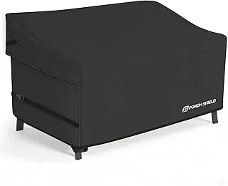 Porch Shield waterproof outdoor sofa cover for 2-seater loveseat, 60W x 35D x 35H inches, black finish.