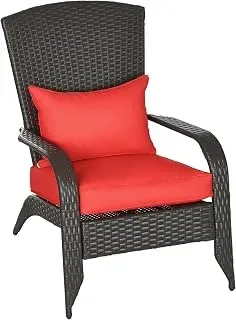 Outsunny red patio wicker Adirondack chair with cushions for outdoor relaxation.